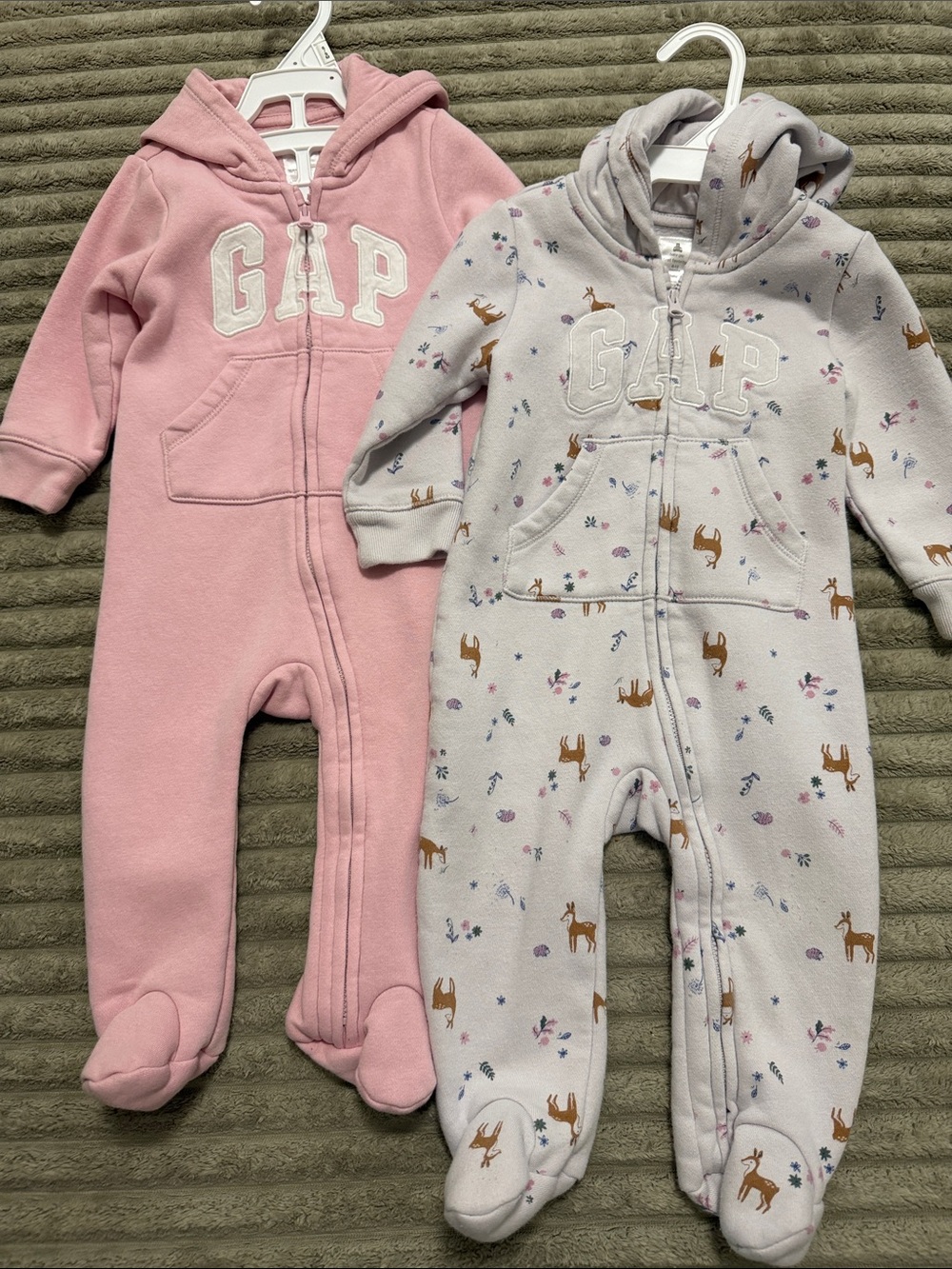 GAP Pink Fleece Hooded Footed One-Piece & Cream Deer Print Coverall Set